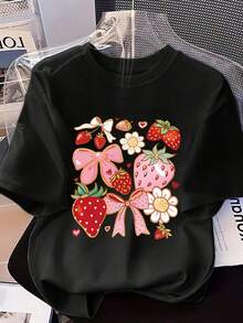Teen Girl Summer Clothes[New Products Arrive With Great Power]2026 Elegant Women's Fashion Apparel New Style: Fashionable Women's Round Neck T-Shirt With Designer Elements, Girly Heart Motifs, Strawberry And Bow Pattern Print, Casual And Comfortable Short Sleeve TeeUnisex T-Shirts For Summer Outingsclothes - 黑色 - 查看 3