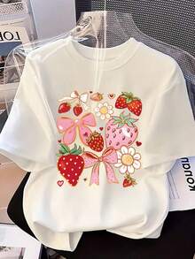 Teen Girl Summer Clothes[New Products Arrive With Great Power]2026 Elegant Women's Fashion Apparel New Style: Fashionable Women's Round Neck T-Shirt With Designer Elements, Girly Heart Motifs, Strawberry And Bow Pattern Print, Casual And Comfortable Short Sleeve TeeUnisex T-Shirts For Summer Outingsclothes - 白色 - 查看 3