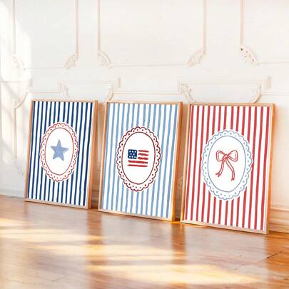 Bộ 3 tranh áp phích sọc ngôi sao yêu nước duyên dáng, tranh nghệ thuật treo tường trên vải canvas, tranh in hình cờ Mỹ màu đỏ, trắng và xanh dương, trang trí thẩm mỹ ngày 4 tháng 7, trang trí phòng tinh tế, khung cao cấp tùy chọn (có/không khung), trang trí phòng thời trang, vật liệu trang trí phòng thiết yếu, trang trí tường bắt mắt.