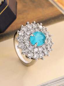 Classic Retro Colorful Gemstone Oval Ring, Geometric Floral Wrap Design, Jewelry Gift For Valentine's Day - Navy Blue - View 4