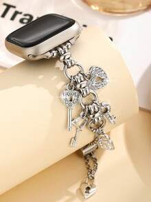 Cute Y2K Style Chain Pendant Strap, Rhinestone Heart Lock Chain Strap, Fit For Apple Watch 38/40/41/42/44/45/46/49mm, Fit For Ultra/SE/Series 1-11, Bohemian Jewelry, Summer Bracelet Pendant, Women Accessories, Mother's Day Gift, Silver - Silver - View 5