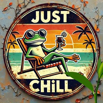 1pc 2D Printed Round Wooden Decorative Plaque, "Chill Out" Tropical Frog Beach Palm Tree Theme, Wood (20x20cm/8x8in), Suitable For Bar, Pub, Living Room, Lounge, Room, Bedroom Decor, Pre-Drilled Holes As Shown In Size