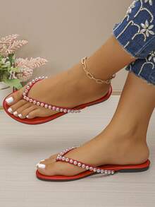 1 Pair Women's New Minimalist Fashion Beaded Flat Thong Sandals, Classic Versatile Beach Slippers, Elegant Summer Outdoor Wear - Red - View 4