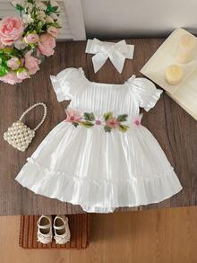 Baby Girls' Summer Casual Floral Embroidery Dress - White - View 1