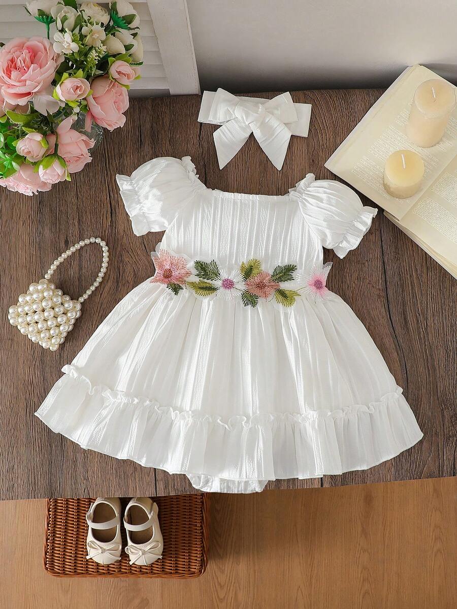 Baby Girls' Summer Casual Floral Embroidery Dress - White - View 1