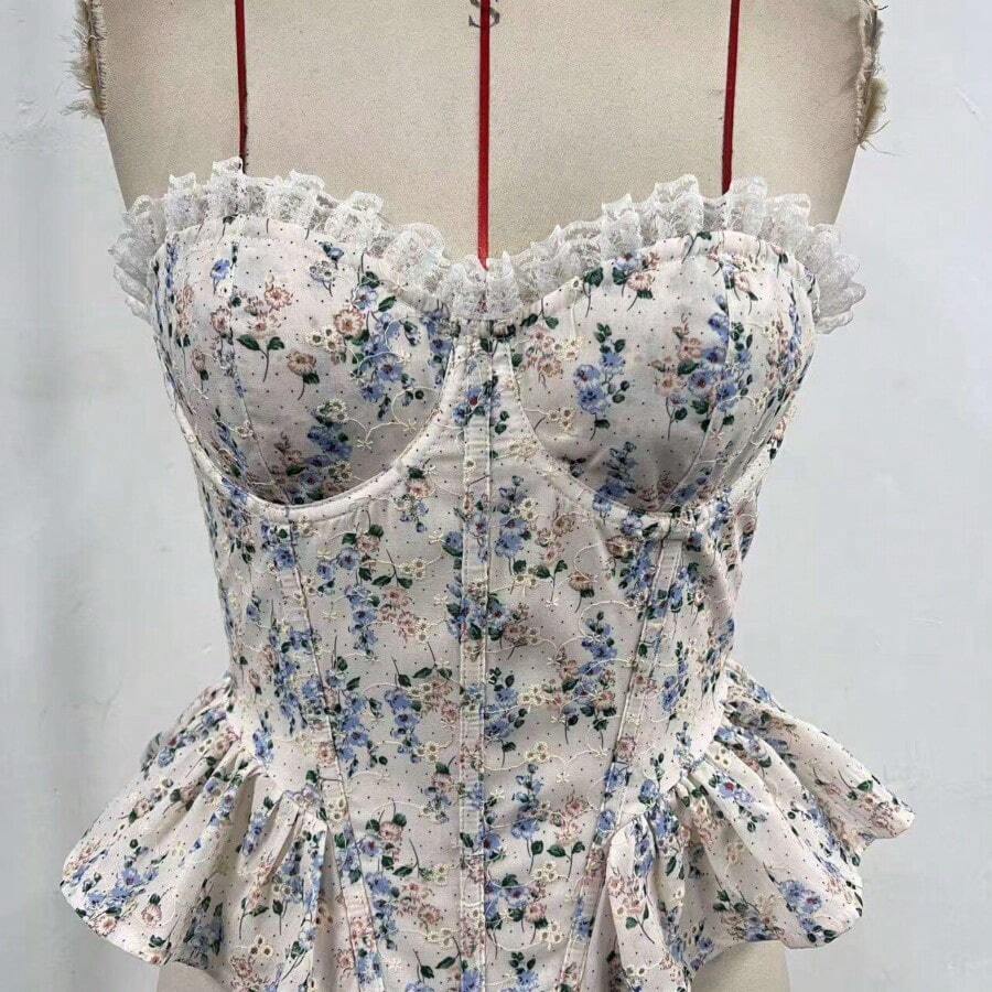Two-Tone Strapless Corset With Floral Patchwork, Fishbone Detailing, Gathered Waist & Ruffle Accents – Day To Night. - 藍色 - 查看 1