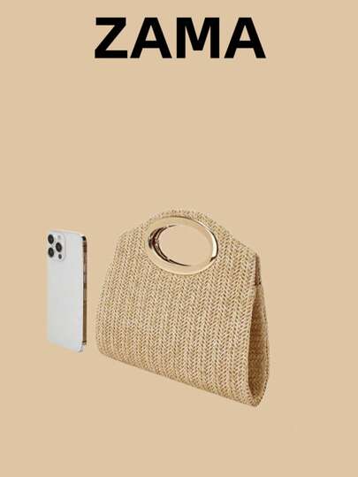 1 ZAMA Metal-Handle Woven Straw Handbag, An Ideal Beach Vacation Tote Bag For Women, A Lightweight Bohemian Chain Straw Shoulder Bag, An Essential Item For Summer Vacations And Travel, An Woven Beach Bag, A Dual-Purpose Bag For The Beach And Travel.