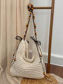 Lazy Style Hollow Straw Bag, Large-Capacity Shoulder Tote Bag, Beaded Woven Vacation Beach Bag - Multicolor - View 1