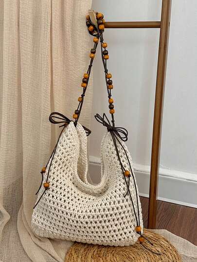 Lazy Style Hollow Straw Bag, Large-Capacity Shoulder Tote Bag, Beaded Woven Vacation Beach Bag