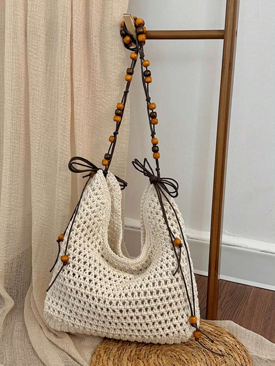Lazy Style Hollow Straw Bag, Large-Capacity Shoulder Tote Bag, Beaded Woven Vacation Beach Bag - Multicolor - View 1