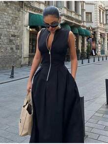 Vestido largo mujer 2026, estilo europeo-americano, cintura alta, color liso, sin mangas, cremallera, corte ajustado, para oficina - Negro - Ver 1