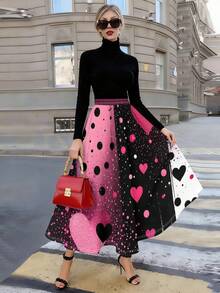 Sweet-Cool Polka-Dot Heart Print Midi Skirt Featuring A Strong Visual Impact With Black, Pink, And White Color-Blocking. The Glittery Hearts And Polka Dots Embody A Mix Of Girlish Whims And Rebellious Attitude. This High-Waisted A-Line Flared Skirt - phong cách - Xem 1