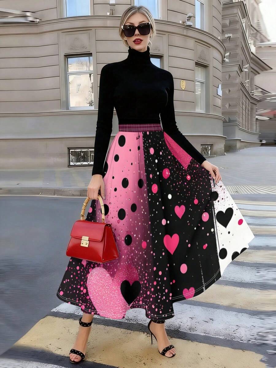 Sweet-Cool Polka-Dot Heart Print Midi Skirt Featuring A Strong Visual Impact With Black, Pink, And White Color-Blocking. The Glittery Hearts And Polka Dots Embody A Mix Of Girlish Whims And Rebellious Attitude. This High-Waisted A-Line Flared Skirt - phong cách - Xem 1