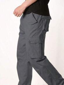 yuehaibao Pantalones cargo casuales para hombre con bolsillos con solapa, sin cinturón, para otoño - Gris - Ver 5