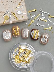 1pc Cute Cutlery Shaped Metal Decorative Pieces, Including Spoon, Fork, Knife, Frying Pan Patterns, Mixed Gold And Silver Tones, Punk Y2K Style Nail Art Decor, Suitable For Home Or Nail Salon, Holiday Gift - Multicolor - View 2