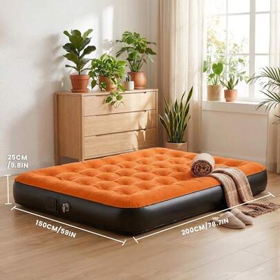 Agislone Inflatable Mattress, Blow Up Mattress With Built-In Removable Pump, Double Size Air Bed For Home Camping Travel 200 X 150 X 25 Cm (Orange, 200 X 150 X 25 Cm)