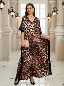 Damen bedrucktes Kaftan-Kleid, V-Ausschnitt Fledermausärmel Boho-Stil Strandkleid, lockerer Schnitt Loungewear, Große Größen langes Kleid, Café Abendkleid, Urlaubskleid - Verschiedenfarbig - Übersicht 2