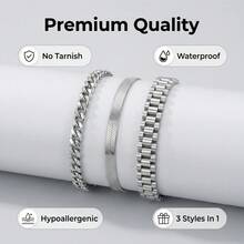 Bộ vòng tay bạc nhiều lớp dành cho nam, dây đeo đồng hồ kiểu mắt xích rắn, trang sức chống nước, bộ vòng tay bạc phong cách đường phố hiện đại, dây đeo đồng hồ tối giản kiểu mắt xích rắn, trang sức nam thời trang, bộ trang sức nam ý nghĩa, vòng tay thép không gỉ bền chắc có thể xếp chồng lên nhau, món quà ý nghĩa cho lễ tốt nghiệp/Ngày của Cha - Bạc - Xem 3