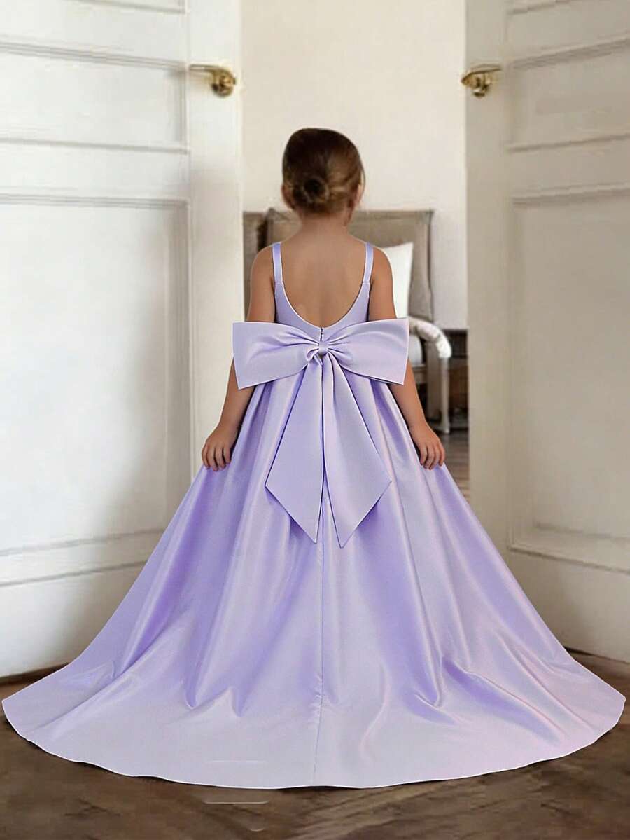 少女优雅露背伴娘婚礼派对公主风长裙，带蝴蝶结和拖尾，适合选美比赛、生日派对、庆典、宴会等场合。 - 淡紫色 - 查看 1