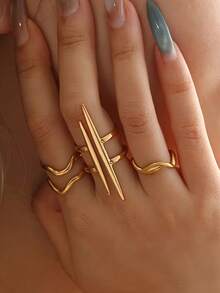 Bộ 3 chiếc nhẫn thép không gỉ mạ vàng 18K, thiết kế hình học tối giản, đường nét bất đối xứng, phù hợp cho nữ giới đeo hàng ngày, đi nghỉ mát, công sở, dự tiệc, du lịch, làm quà tặng trang sức thường ngày. - Nhiều màu - Xem 1