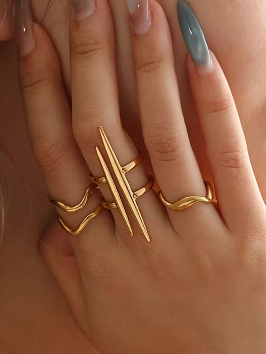 Bộ 3 chiếc nhẫn thép không gỉ mạ vàng 18K, thiết kế hình học tối giản, đường nét bất đối xứng, phù hợp cho nữ giới đeo hàng ngày, đi nghỉ mát, công sở, dự tiệc, du lịch, làm quà tặng trang sức thường ngày. - Nhiều màu - Xem 1
