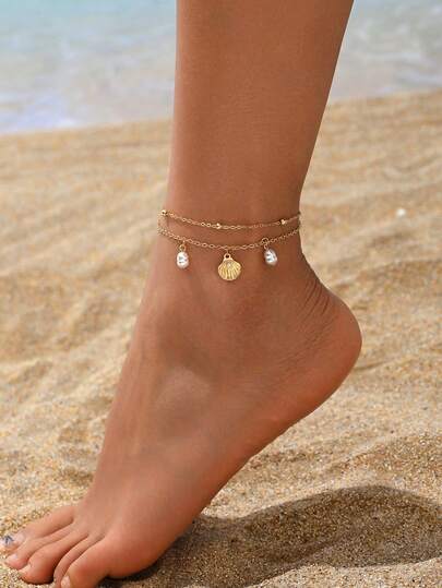 1 chiếc vòng chân kiểu Bohemian làm từ vỏ sò và ngọc trai giả, trang trí hạt vàng hai lớp, trang sức tối giản phong cách ven biển, có thể điều chỉnh kích thước, thích hợp cho kỳ nghỉ hè, đi biển, đeo hàng ngày, dự tiệc, làm quà tặng tốt nghiệp (số lượng hạt ngẫu nhiên)