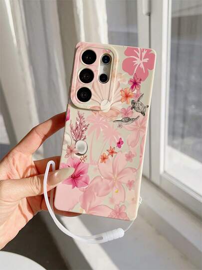1 Stück weißes matter Anti-Sturz, Anti-Rutsch Handyhülle mit 1 Stück weißem Silikonband, UV-Muster mit buntem Blumen- und Schildkröten-Kokosmuster, geeignet für GALAXY S26 S26+ S26U S25FE A17 A07 A37 A57 A56 S25 S25PLUS S25ULTRA S24 S24PLUS S24ULTRA S23 S23PLUS S23ULTRA S23FE S22 A55 A54 A53 A52 A51 A05S A06 A13 A14 A15 A16 A22 A23 A25 A33 A34 A35
