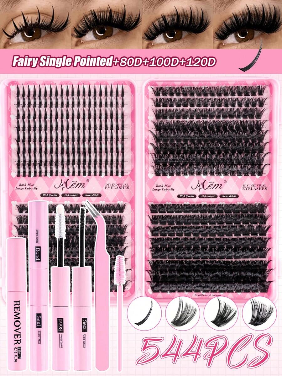 MEM 544 Spiky Clustered Eyelashes, Lower Eyelashes, Mixed Style Eyelash Grafting Set Fairy Spiky+80D+100D+120D, 10-18mm Thick And Thickened DIY Spiky Eyelashes, D-Curled Single Cluster 3D Thickened False Eyelashes, With Glue, Glue Remover, Tweezers Can Be Reused, Multiple Types Of Clustered Eyelashes Suitable For Various Occasions - 黑色 - 查看 1