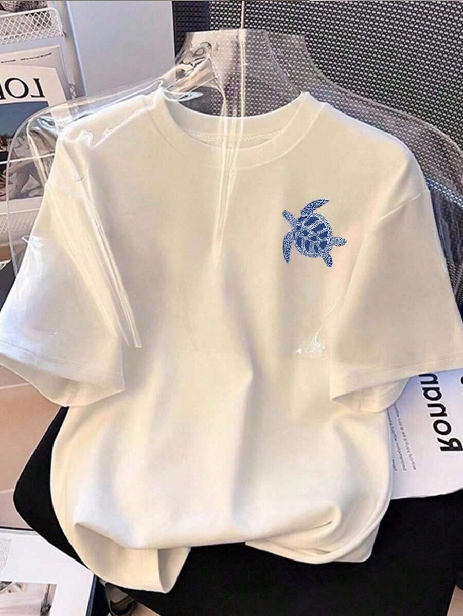 Camiseta holgada de manga corta con estampado de lazo y hombros anchos, de estilo casual para el verano - Azul y blanco - Ver 1