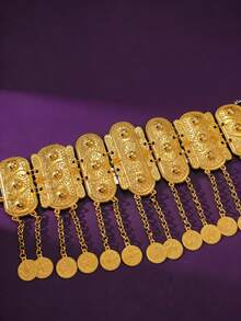 1pc Gold/Silver Coin Belt Set | Luxurious Rectangular Plate With Coin Tassel Chain, Glamorous Plated Non-Glossy Bridal And Festival Waist Chain - Choose Your Finish, Gold Or Silver Set Rectangular Plate Non-Glossy Coin Pendant - Silver - View 6