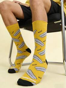 1双男女通用卡通调酒师图案休闲袜，四季皆宜的百搭中筒袜 - 芥末黃 - 查看 2