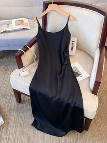 Satin Jacquard Slip Dress, Waist Cinched, Elegant Long Dress With Luxurious Vibe Black Summer - Black - View 1