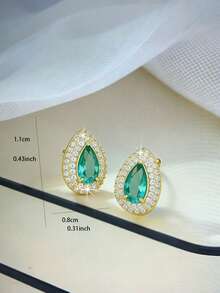 1 Pair/Set Women's Water Drop Shaped Earrings, White & Green Color Cubic Zirconia Inlaid, Minimalist Water Drop Design, Versatile Daily Wear, Suitable For Holidays, Gatherings, Parties, Music Festivals, Gift - Multicolor - View 7