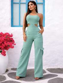 Premium Tailored Cargo Jumpsuit With Straps - Mint Green - View 3