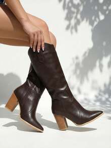 Botas largas de mujer con punta afilada, tacón grueso, cremallera, estilo occidental moderno para oficina y uso diario - Marrón - Ver 3