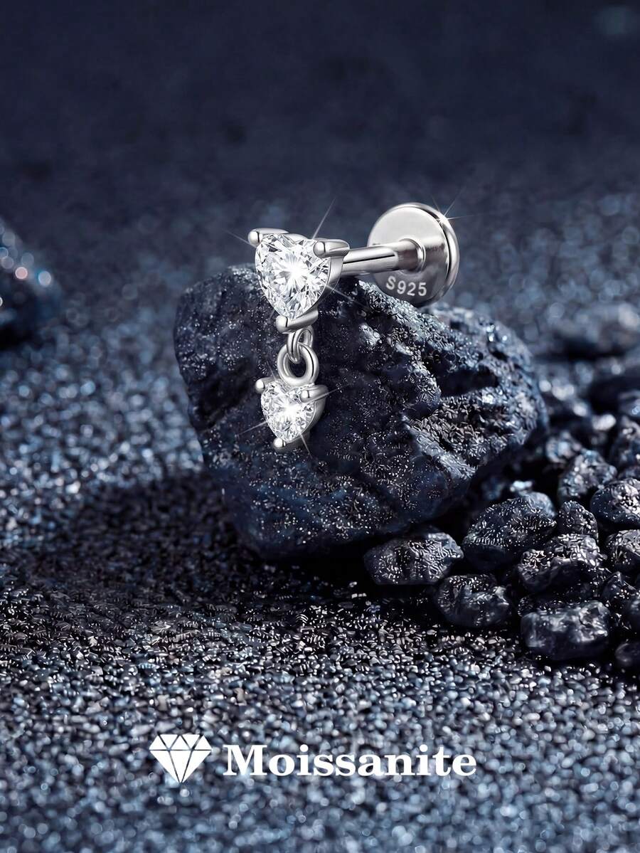 1 đôi bông tai bạc 925 mạ vàng trắng 18K hình trái tim lãng mạn đính đá Moissanite, trang sức khuyên tai ít gây dị ứng, quà tặng trang sức cho phụ nữ, phù hợp để đeo hàng ngày, dự tiệc và đám cưới. - Bạc - Xem 1