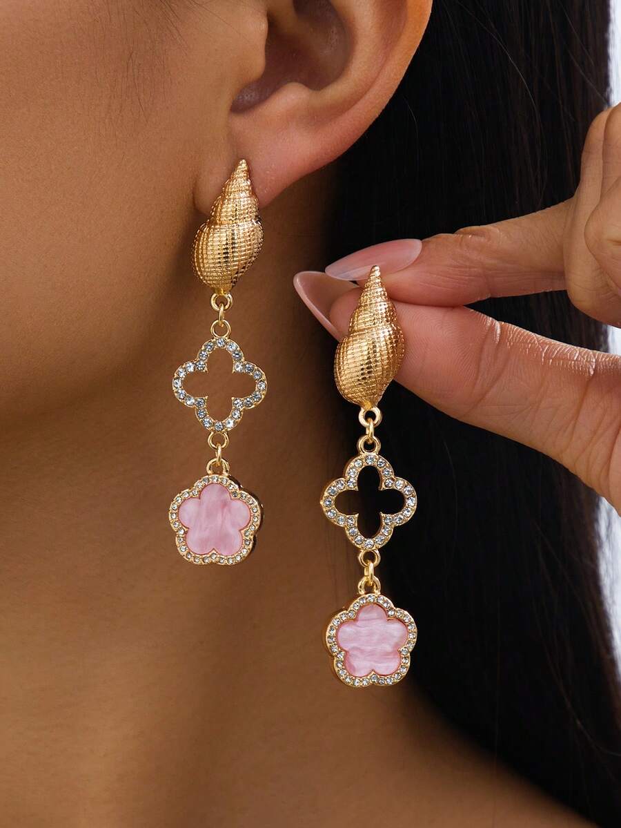 1 Pair Luxury Elegant Radiant Hollow Four-Leaf Clover & Five-Leaf Clover Shell Pendant Earrings For Women, Summer Beach Style - Pink - View 1