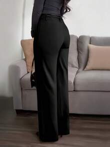 (Sin cinturón) Pantalones elegantes de oficina y uso diario de unicolor con bolsillos, talla grande, color negro, para primavera - Negro - Ver 3
