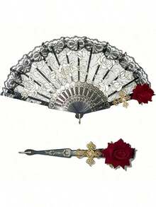 Vintage Spanish Flamenco Rose Lace Folding Fan - Elegant Black Handheld Fan, Perfect For Party And Wedding Decorations, Room Decor For Men And Women - 1PC - Xem 7