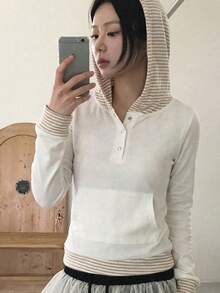 Korean Style Striped Patchwork Button Hoodie Long Sleeve T-Shirt Top For Women, Autumn/Winter Casual White Spring - White - View 6