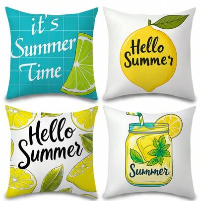 Bộ 4 vỏ gối trang trí mùa hè, được thiết kế theo chủ đề chanh mùa hè, thích hợp để tạo không khí mùa hè tươi mát và sống động, chủ yếu thể hiện các màu như xanh lá cây, vàng và trắng. Vỏ gối chỉ in một mặt, không kèm ruột gối.