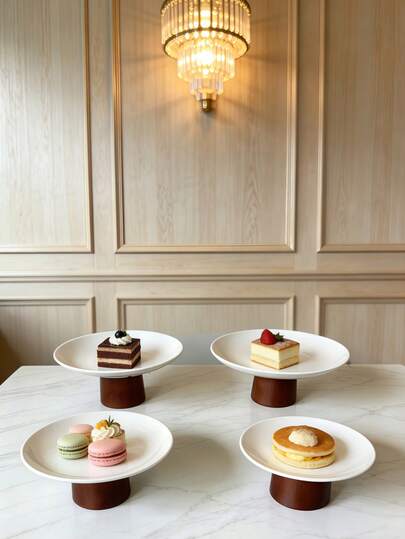 1个白色圆形密胺蛋糕架，带木质底座，多用途甜点展示架、水果托盘、餐桌装饰、家居厨房餐盘，开斋节适用