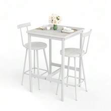 Bar Table And Stool Set, Dining Table With Two Chairs With Footrests, Metal Frame, Industrial Style Bar Table Set, Suitable For Dining Rooms, Living Rooms, Etc., White. 60cm*60cm*92cm - White - View 6