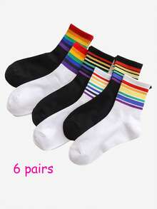 3/6 Pairs Rainbow Striped Mid-Calf Socks For Women, Ins College Style Colorful Socks, Match With Leggings For Spring & Autumn - Multicolor - View 7