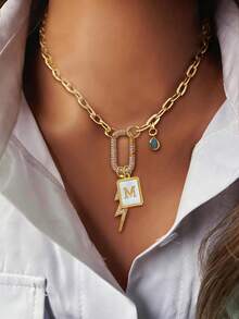 1 pieza Collar con colgante de tono dorado para mujer, con 26 etiquetas con letras, llavero, anillos ovalados con rhinestones, colgante en forma de lágrima azul y colgante en forma de rayo. Su diseño poderoso y estilo elegante muestran un estilo personalizado, adecuado para uso diario y también un gran regalo. - Dorado - Ver 8