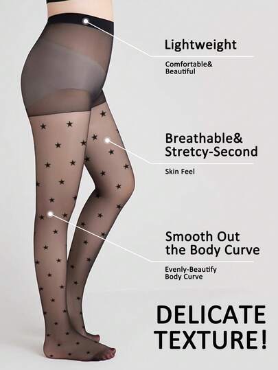 1 pieza Medias jacquard para mujer con pentagrama, medias negras, pantimedia anti-correr, calcetines delgados de verano con estrellas, medias transparentes imprescindibles