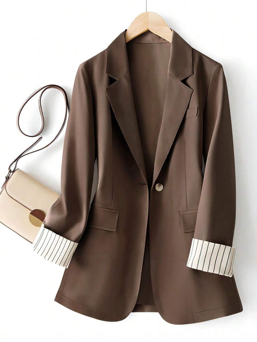 Dam Ärm Randig Patchwork Enkelknapps Kavaj Vår - Kaffebrun - Visa 1