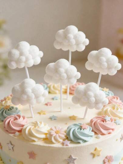 Cloud Cake Decorations, Cute Cloud Paper Cupcake Toppers, Sweet Dessert Picks, Pom Pom Cake Decorations, Suitable For Baby Shower, Birthday Party, Wedding