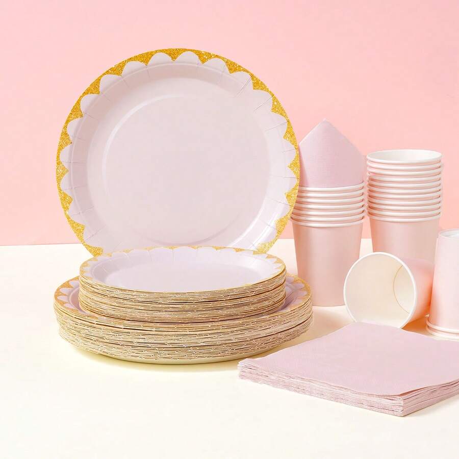 粉色镶边一次性餐具套装，7/9英寸派对餐盘，一次性纸盘、纸杯、餐巾纸，适用于节日、婚礼、订婚、生日、派对、庆典等场合。 - 多色 - 查看 1