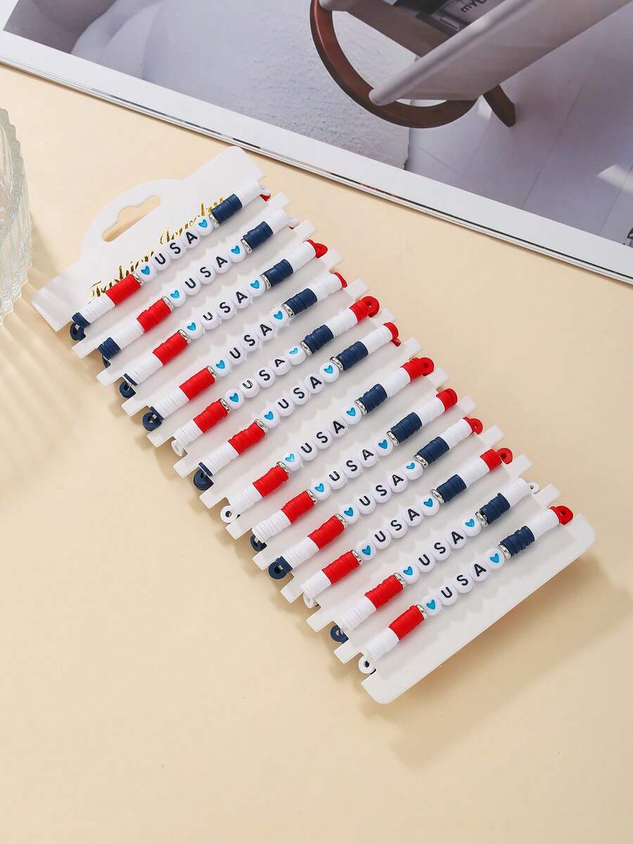 Set de 12 piezas de pulseras elásticas de arcilla suave con cuentas de letras de estilo country en colores variados, adecuadas para la Copa del Mundo, regalos, uso diario - Multicolor - Ver 1